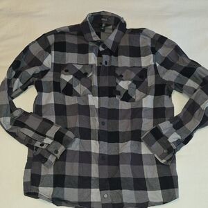 Volcom Black and Gray Plaid Button Down Flannel Shirt, Mens Large